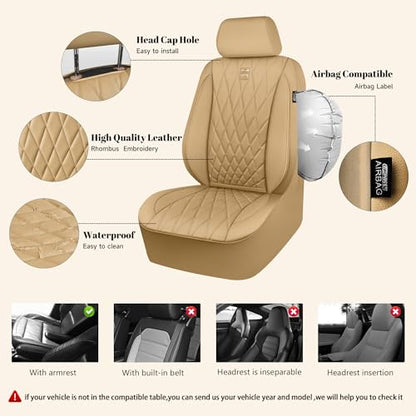 CAR PASS Piping Luxury Leather Seat Covers Full Set,5 Seats Leatherette Anti-Slip Waterproof Seat Covers Compatible with Front Armrests,Universal Fit for Suvs,Vans,Trucks,Airbag Compatible,Pure Beige - color: Pure Beige, size: Full Set