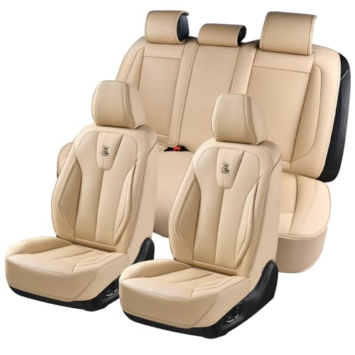 Universal Leather Seat Covers Full Set, Waterproof Seat Cover for Cars 5 Seats, Luxury Leather Car Seat Cushion, Front and Rear Protectors Automotive Seat Covers for Most Cars SUV Pick-up, Beige - color: Beige, size: Full Set