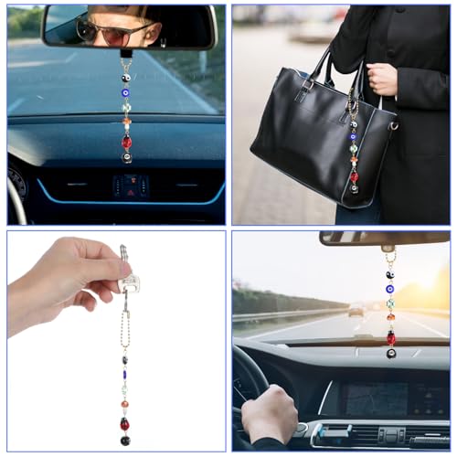 Ptwola Evil Eye Car Hanging Ornament Good Lucky Days Charm 8 Ball Mushroom Four-Leaf Ladybug Yin Yang Symbo Rear View Mirror Pendant Cute Boho Car Accessories Decorations for Keychain Cellphone