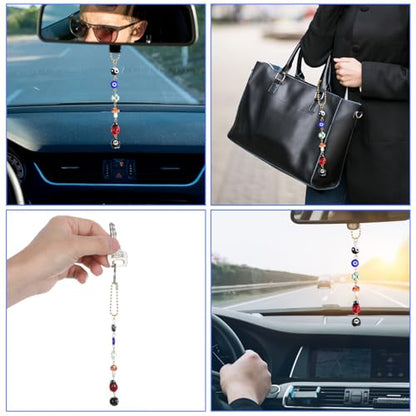 Ptwola Evil Eye Car Hanging Ornament Good Lucky Days Charm 8 Ball Mushroom Four-Leaf Ladybug Yin Yang Symbo Rear View Mirror Pendant Cute Boho Car Accessories Decorations for Keychain Cellphone