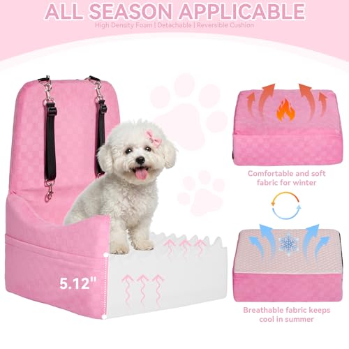 PETSFIT Dog Car Seat for Small/Medium Dogs Up to 35 lbs – Patented Safety System, 5" Memory Foam Pet Booster Car Seat, Fully Detachable and Washable Dog Carseat with 2 Storage Pockets (Pink) - color: Pink