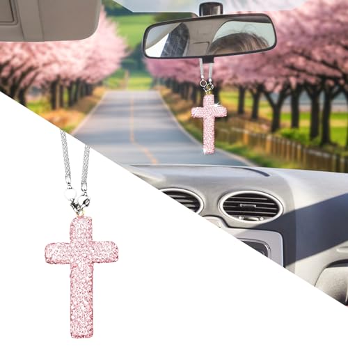 starfa lab Bling Car Rear View Mirror Accessories Hanging Pendant,Cross Crystal Rhinestone For Car Mirror Hanging,Double-Sided Cross Diamond Religious,Interior Men Women Car Accessories - color: Pink