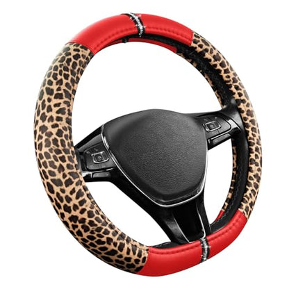 Road Comforts Leopard Steering Wheel Cover for Women, Cute Anti-Slip Microfiber Leather, Fits D Shape Flat Bottom Steering Wheel 14.5-15 Inch - Red - color: D Shape-Red