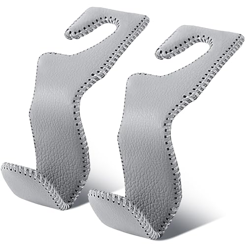 EldHus Car Seat Hooks for Purses and Bags, 2 Pack Car Purse Holder for Grocery Bag Handbag Clothes, Metal Headrest Hooks Covered by Leather, Gray - color: Gray, size: 2