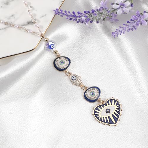 Blue Evil Eye Car Charm - Heart Evileye Rear View Mirror Hanging Ornament for Women, Suncatcher Car Accessory, Aesthetic Beaded Lanyards for Cars Window Balcony Decor - style: Blue Evil Eye