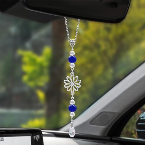 Flower Rear View Mirror Car Charms, Rear View Mirror Accessories, Crystal Boho Auto Hanging Decor, Sun Catcher Cute Car Interior Decorations Accessories for Women Men (Blue) - color: Blue