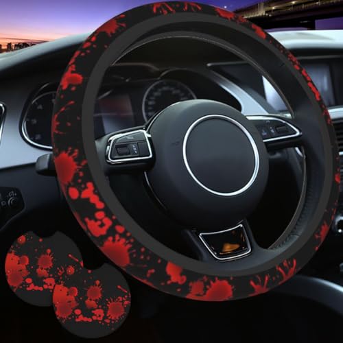 Red Blood Steering Wheel Sleeve - Classic Horror Blood Splatter Wheel Sleeve Quality Friendly Neoprene Slip-Resistant Includes 2 Car Cup Coasters Decor for 15-Inch Men Women Car Wheel Protector - color: Red Blood