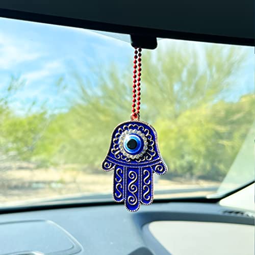 Sonoran Souvenirs Blue Hamsa Evil Eye Charm for Car Rear View Mirror - Spiritual Protection Ward - Lucky Automobile Decor - Protection Car Hanging Decor Ornament with Chain - Hand of Fatima