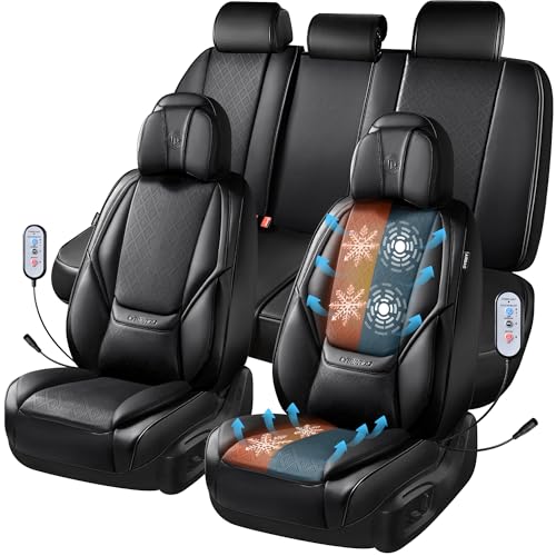 CAR PASS Ventilation Cooling Seat Cover,Luxury Nappa Leather 5 Seat Cover with Vibrate Massage 12V, Lumbar Support, Seat Covers for SUVs,Pickups,Trucks,Vehicles (Solid Black) - color: Black Cooling
