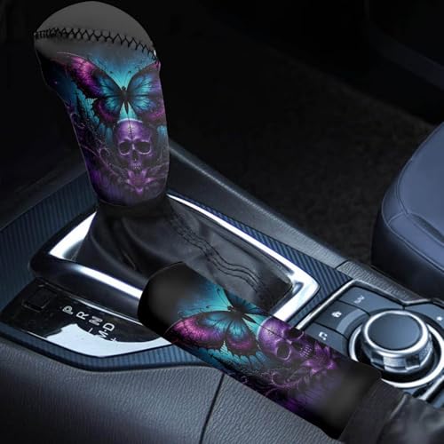 Skull Butterfly Flower Printed Car Handbrake Cover, Soft Non Slip Car Gear Shift Knob Covers for Woman and Men, Easy to Install, Universal Fits Auto Interior Decor Accessories, 2 Pcs - color: Purple and Black - Skull Butterfly Flower