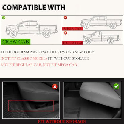 PIT66 Floor Mats Cargo Liners Compatible with 2019-2024 Dodge Ram 1500 Crew Cab New Body (NOT FIT Classic Models) Without Storage, (Heavy Duty) TPE 3-Piece Premium,Black Interior Accessories - size: Fit Dodge Ram 1500 Crew Cab New Body 2019-24 |3PCS