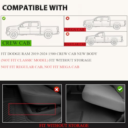 G-PLUS Floor Mats Fit for 2019-2024 Dodge Ram 1500 Crew Cab New Body (NOT Classic Models) Without Storage, TPE All Weather Custom Fit Full Cover Protection Floor Liner 1st & 2nd Row, Black - size: 19-24|Fit Dodge Ram 1500 Crew Cab|3PCS