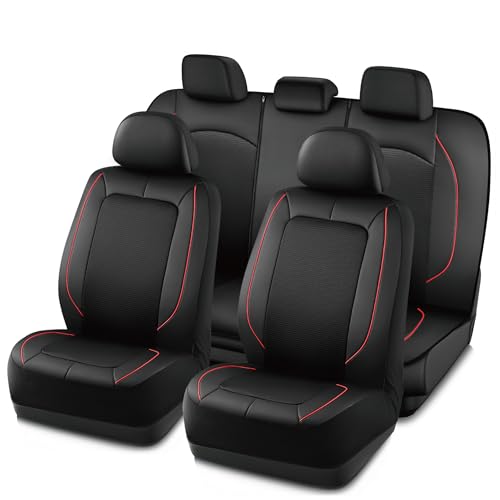 PIC AUTO Car Seat Cover, Pinping Leather and Mesh Seat Cover for Cars, Stylish Two-Tone Design Full Set Seat Covers, Breathable, Universal Fit,Comfortable and Durable SUVs, and Trucks(Red) - color: Red, size: Full Set