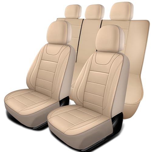 HChengkikz Car Seat Covers, Quilting Leather Seat Covers Full Set, Waterproof Faux Leather Automotive Seat Covers for Cars, Universal Car Seat Protectors Fit for Cars, Suvs, Trucks, Airbag Compatible - color: N4 Beige, size: Full Set