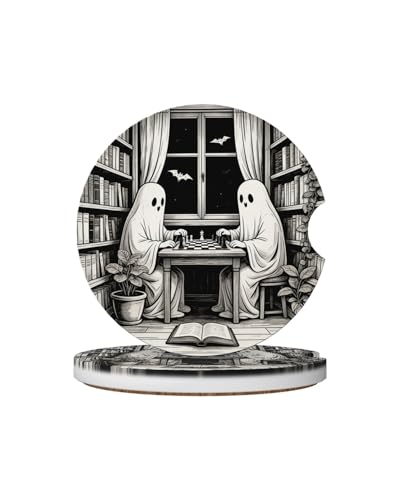 Car Cup Holder Coasters, 2 Pcs Ceramic Coasters with Cork Back and Finger Slot, Anti-Slip Shock Absorbing Woman and Men Universal Car Accessories - Ghostly - color: Ghostly