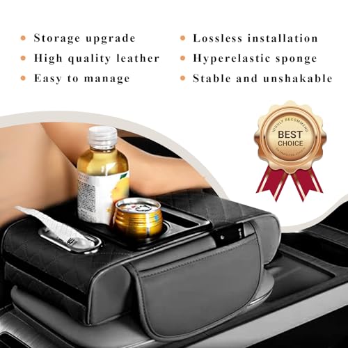 Car Armrest Cover With Cup Holder, Premium Leather Car Armrest Cushion And Tissue Box, Stable Car Center Console Organizer For Drinks, Phone And Small Accessories