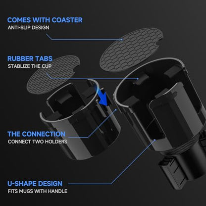 DYLEN Car Cup Holder Expander, 2 in 1 Cup Holder Adapter Extender for Car with Expandable Insert, Fits Yeti, Hydroflask and Other Large Water Bottles & Mugs in 2.2"-4.6" (10-46oz)