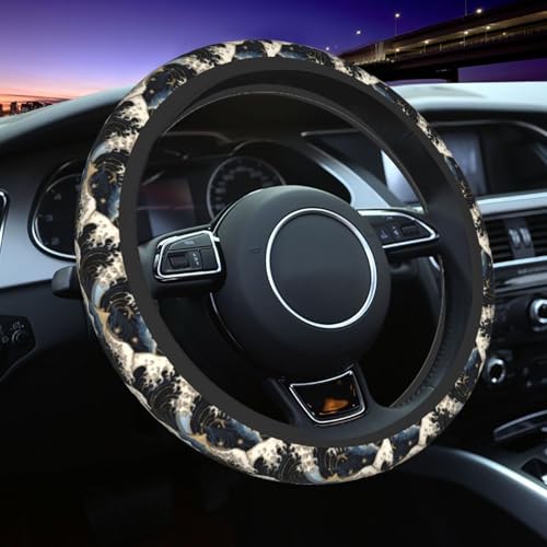 Japanese Wave Black Steering Wheel Cover Car Accessories Cute for Women Girls Girly Universal 15 Inch Neoprene Auto Interior Decor Anti Slip Car Truck Protector - color: Black43