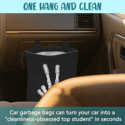 Car Garbage Bag Skeleton Hand Peace Sign Drawstring Car Trash Bag Hanging for Back Seat with Adjustable Buckle Canvas Vehicle Trash Can Easy-to-Install - color: Skeleton Hand Peace Sign