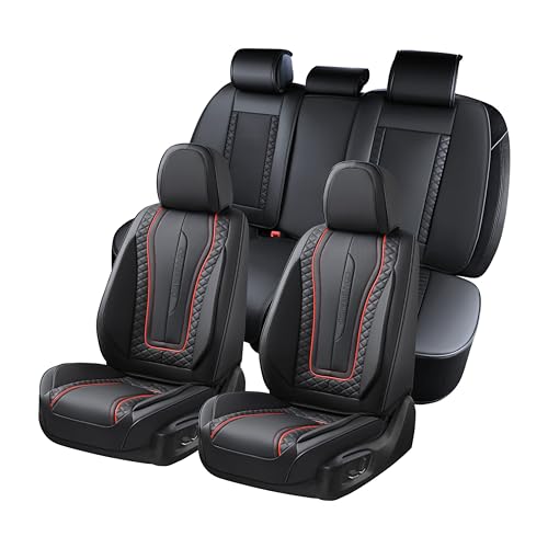 Coverado Car Seat Covers Full Set, Front Seat Cover and Back Seat Covers for Cars, Faux Leather Waterproof Seat Covers, Car Seat Protectors, Automotive Seat Covers Universal for Most Vehicles Black - color: Black & RedLine, size: FullSet