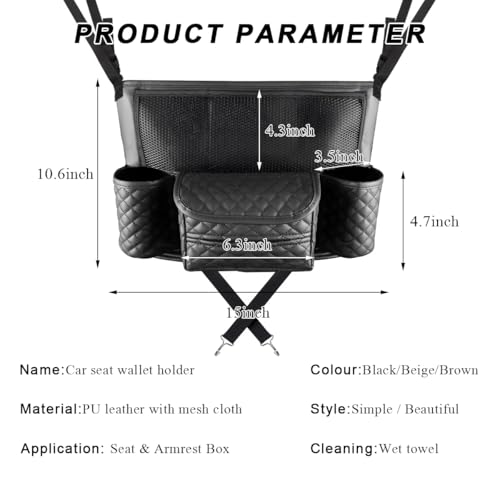 Car Purse Holder Between Seats, Luxury Leather Front Seat Back Handbag Organizer with Tissue Box Cup Holders, Auto Large Capacity Multi Pocket Purse Holder Hanging Storage Bag (Black) - color: Black