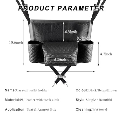 Car Purse Holder Between Seats, Luxury Leather Front Seat Back Handbag Organizer with Tissue Box Cup Holders, Auto Large Capacity Multi Pocket Purse Holder Hanging Storage Bag (Black) - color: Black