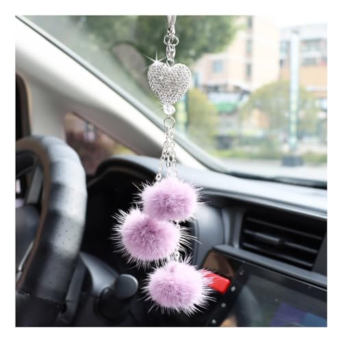 Ziciner Bling Diamond Heart Car Interior Accessories, Car Mirror Hanging Ornament for Women, Love Heart & Pink Plush Ball Decor Ornament Pendant (Light Purple) - color: Light Purple