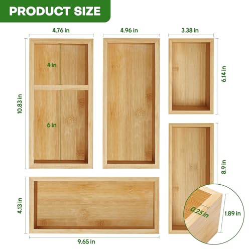 Bamboo Drawer Organizer Set, 5 PCS Multi-Use Individual Wood Storage Organizers, Junk Drawer Divider and Storage Trays Containers for Kitchen, Bathroom, Office Desk, Makeup, Jewelry, Utensils - size: 5