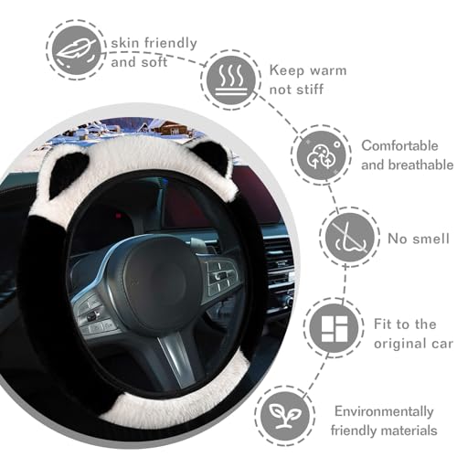 Car Steering Wheel Cover, Cute Steering Wheel Protector with Kitty Cat Ears,Fluffy Soft Plush for Winter Warm, Universal Fit 15 inches for Car,SUV, Elastic & Anti-Slip (Black/White) - color: Black/White