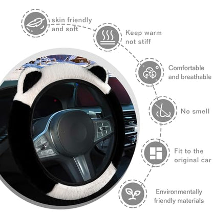 Car Steering Wheel Cover, Cute Steering Wheel Protector with Kitty Cat Ears,Fluffy Soft Plush for Winter Warm, Universal Fit 15 inches for Car,SUV, Elastic & Anti-Slip (Black/White) - color: Black/White