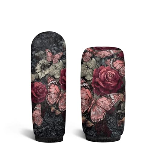 Butterfly Rose Pattern Car Handbrake Cover Gear Shift Cover Set Breathable Car Handbrake Grip Cover with Car Shift Knob Cover for Cars Truck SUV, Pack of 2 - color: Butterfly Rose