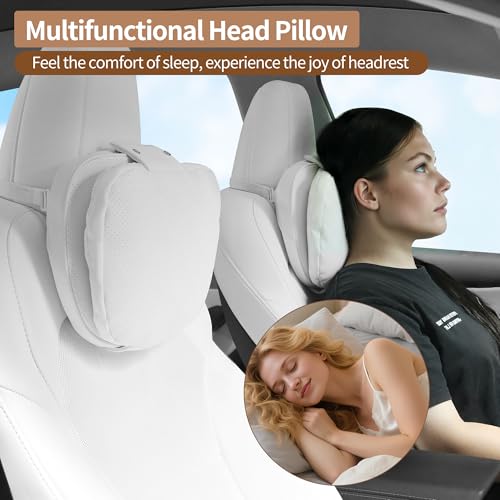 Car Headrest Pillow for Driving, Dual-Sided Leather Design Neck Pillow, Breathable Softness Neck Support, Universal Fit Head Rest Travel Pillow, White, 1 Pack - color: Tesla White