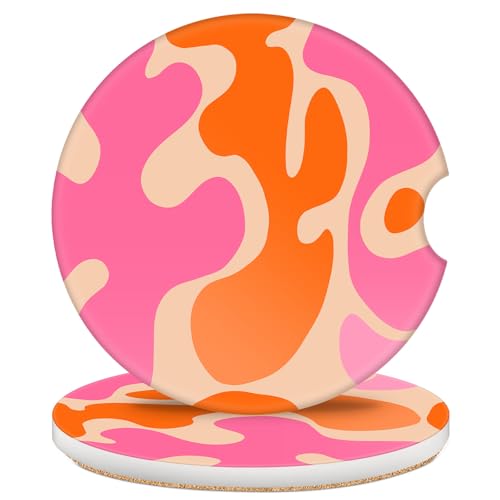 2 Pack Car Coasters for Cup Holders, 2.56" Universal Absorbent Ceramic Stone Car Cup Holder Coasters with Non-Slip Cork Base, Car Interior Accessories for Women Men(Pink Modern Abstract) - color: Pink Modern Abstract