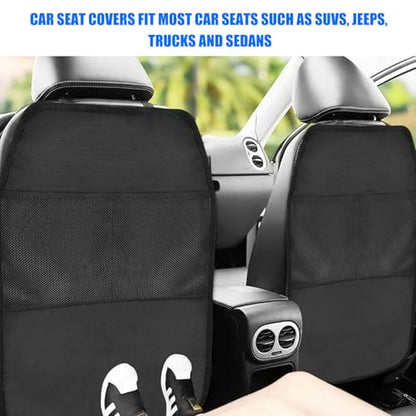2 PCS Back Seat Cover for Kids, Car Kick Mat Seat Protector with 2 Storage Pockets, Premium Water Resistant Backseat Kick Mats Protect Vehicle from Dirt, Mud, Scratches