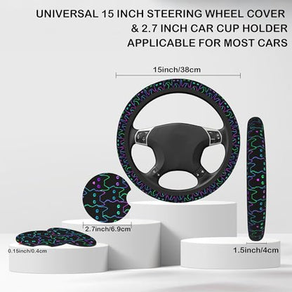 Neon Light Cat Steering Wheel Cover with 2 Pcs Car Coasters Neoprene Steering Wheel Cover for Women Men Anti-Slip Breathable Car Accessories Universal 15 Inch Fit Auto Cars Trucks - color: Neon Light Cat