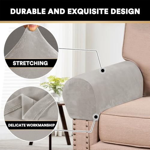 2 Pack Thick Velvet Stretch Armrest Covers for Chairs and Sofas Armchair Covers for Arms Couch Arm Covers Armrest Covers for Sofa Non Slip, Oatmeal - color: Oatmeal