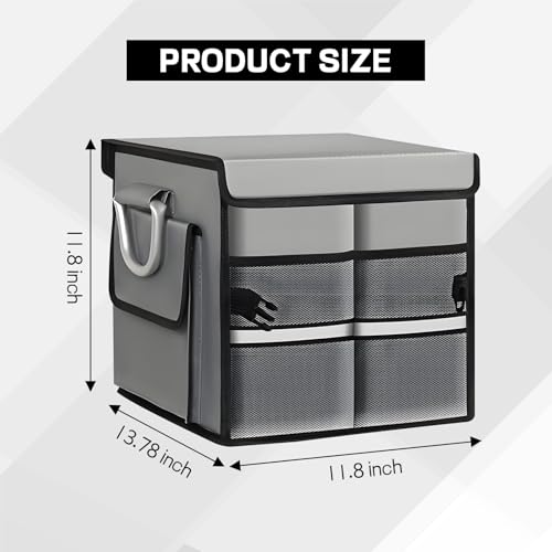 Car Trunk Organizer with Lid, 28L 2-Compartment Collapsible Trunk Cargo Storage Box, Waterproof Oxford Vehicle Backseat Storage Organizer with Base Plate & Metal Handle, Car Accessories (Gray)