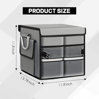 Car Trunk Organizer with Lid, 28L 2-Compartment Collapsible Trunk Cargo Storage Box, Waterproof Oxford Vehicle Backseat Storage Organizer with Base Plate & Metal Handle, Car Accessories (Gray)