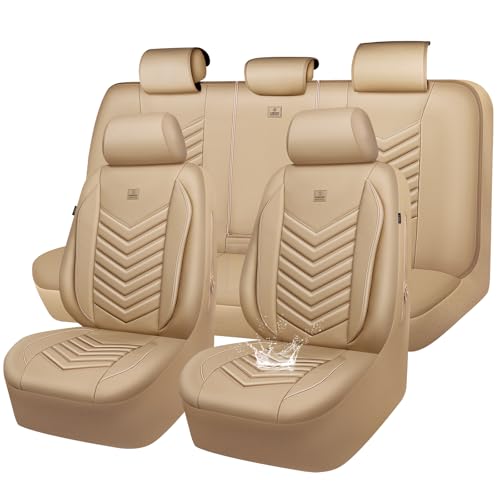 CAR PASS 3D Foam Faux Leather Seat Covers Full Set,Waterproof Tan Leather Seat Cover for Cars,Luxury Universal Fit Anti-Slip for SUV Truck Sedan Automotive,Armrest Airbag Compatible,All Beige - color: Beige Faux Leather, size: Full Set