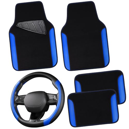 CAR PASS Faux Leather Steering Wheel Cover and Waterproof Car Floor Mats,Universal Car Combo Fit for 95% Sedan,SUV,Cars,14.5-15inch Sporty Anti-Slip Safety Comfortable Design(Black＆Bule) - color: Blue