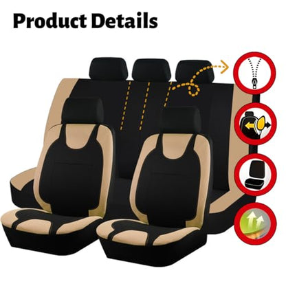 Car Seat Covers Full Set, Polyester Vehicle Front ＆ Rear Bench Seat Protectors with 5 Headrest Covers, Automotive Interior Chair Protection Accessories, Universal Fit (Beige) - color: Beige