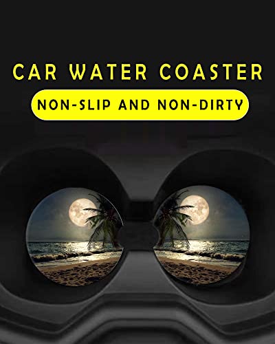 2 Pack Universal Ceramic Car Coasters Tropical Beach Palm Tree with Full Moon Starry Night,Ceramic Stone with A Finger Notch for Easy Removal of Car Cup Holder Coaster - color: Tropical Beach Palm Tree With Full Moon Starry Night