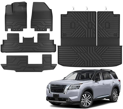 KARPAL Floor Mats for Nissan Pathfinder 2022 2023 2024 2025 2026, TPE Rubber All Weather Protection Floor Liners Accessories Car Mats, Front & 2nd & 3rd Row & Cargo Liner - style: 2022-2026 | For Nissan Pathfinder | Full Set