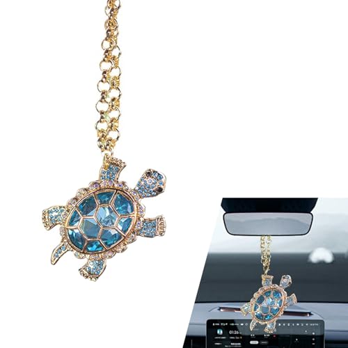 2 PCS Bling Rhinestone Turtle Car Rear View Mirror Pendant Charms, Sparkling Crystal Turtle Interior Mirror Hanging Decorative Accessories, Universal for Most Cars (Blue) - color: Blue