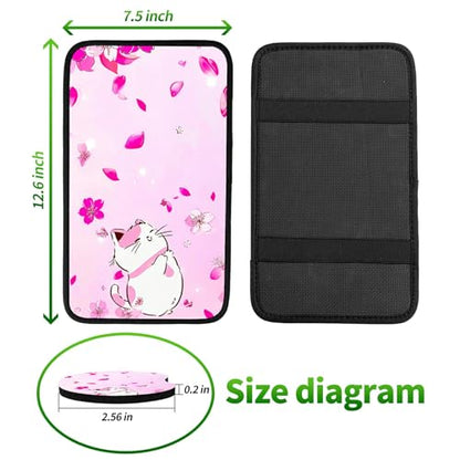 Universal Auto Center Console Pad and 2Pcs Car Coasters Set, Anti Slip Soft Neoprene Car Armrest Seat Box Cover Protector for Most Vehicle - Car Interior Accessories, Pink Flower Cat