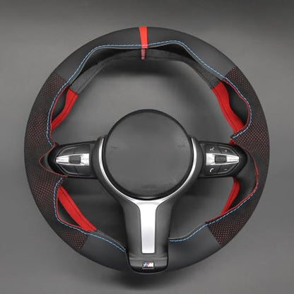 MEWANT Hand-Stitched Steering Wheel Cover for BMW (M Sport) F22 F23 F30 F34 F32 F33 F36 F10 F07 F12 F13 F06 F39 F25 F26 F15 F16, DIY Custom Fit Steering Wheel Wrap for BMW - color: 10:red mesh Athsuede&Black Real Leather