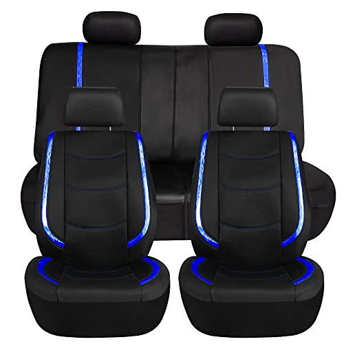 FH Group Galaxy13 Metallic Striped Deluxe Leatherette Car Seat Covers with Matching Carpet Floor Mats – Full Set, Universal Fit, Airbag Compatible for Cars, SUVs & Sedans, Blue - color: Blue