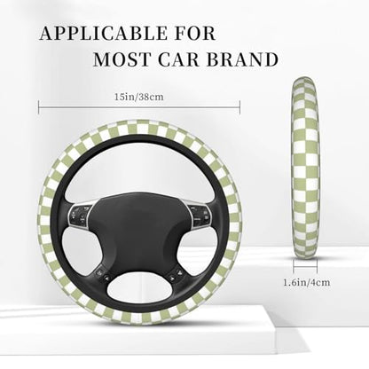 Green White Checkered Car Steering Wheel Cover - color: Green White Checkered Buffalo Plaid