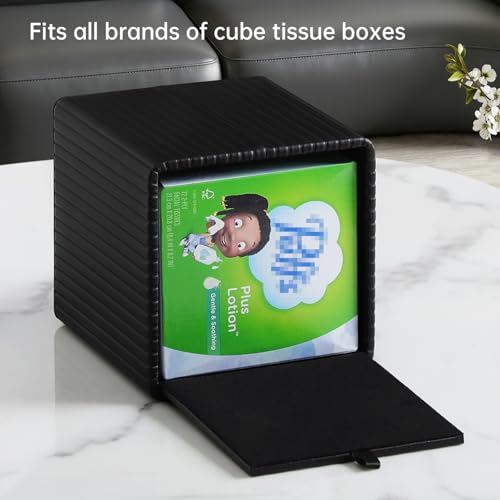 PU Leather Tissue Box Cover Square Tissue Box Holder with Magnetic Closure (Black Fluted) - color: Black Fluted