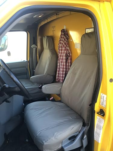 Durafit Seat Covers, F466-X4, Made to fit, 2009-2018 Ford E150-E350 Van Front High Back Bucket Seats with Molded Headrests and 1 Armrest Per Seat. in Taupe Twill
